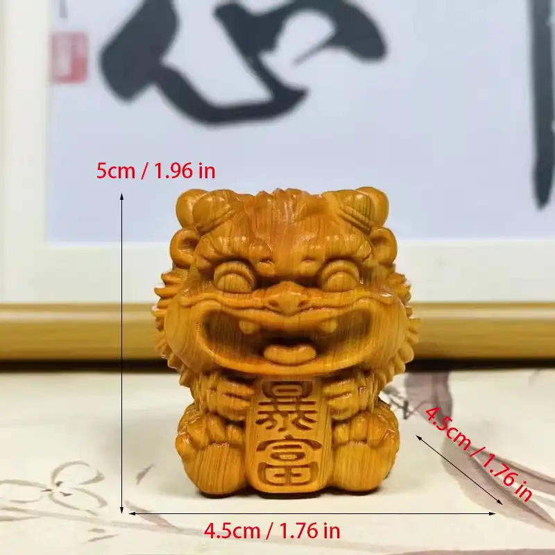 Feng shui wooden guardian lions positioned in living room setting for home protection and decoration.