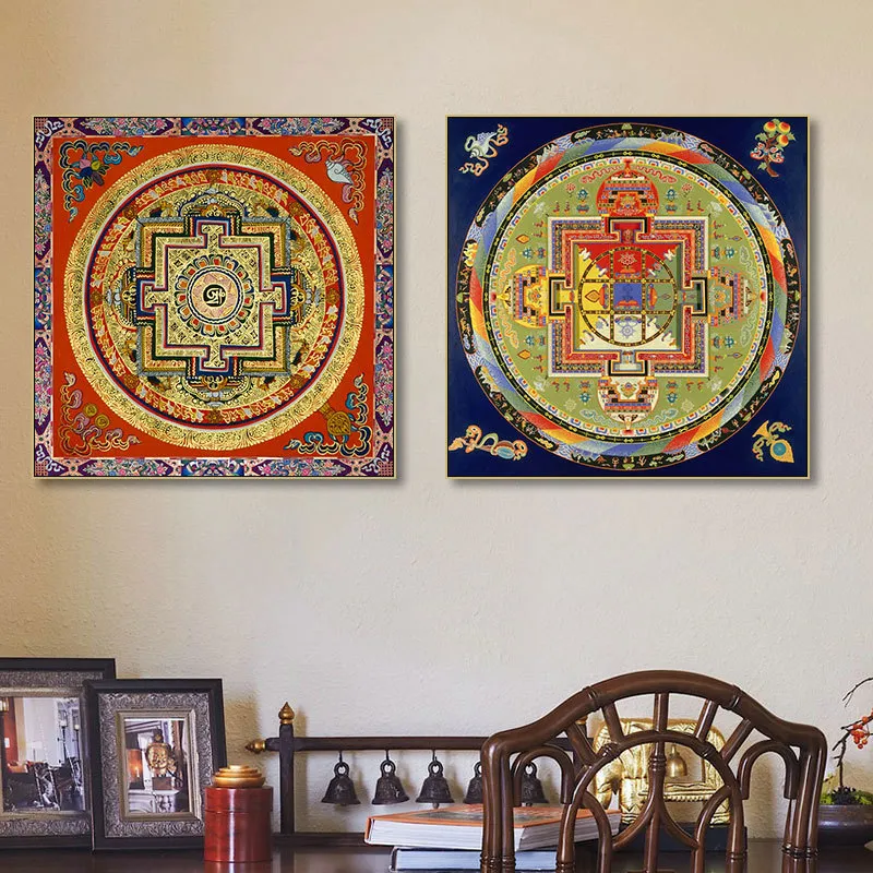 Thangka Buddhist painting displayed in modern living room interior wall decoration setup.