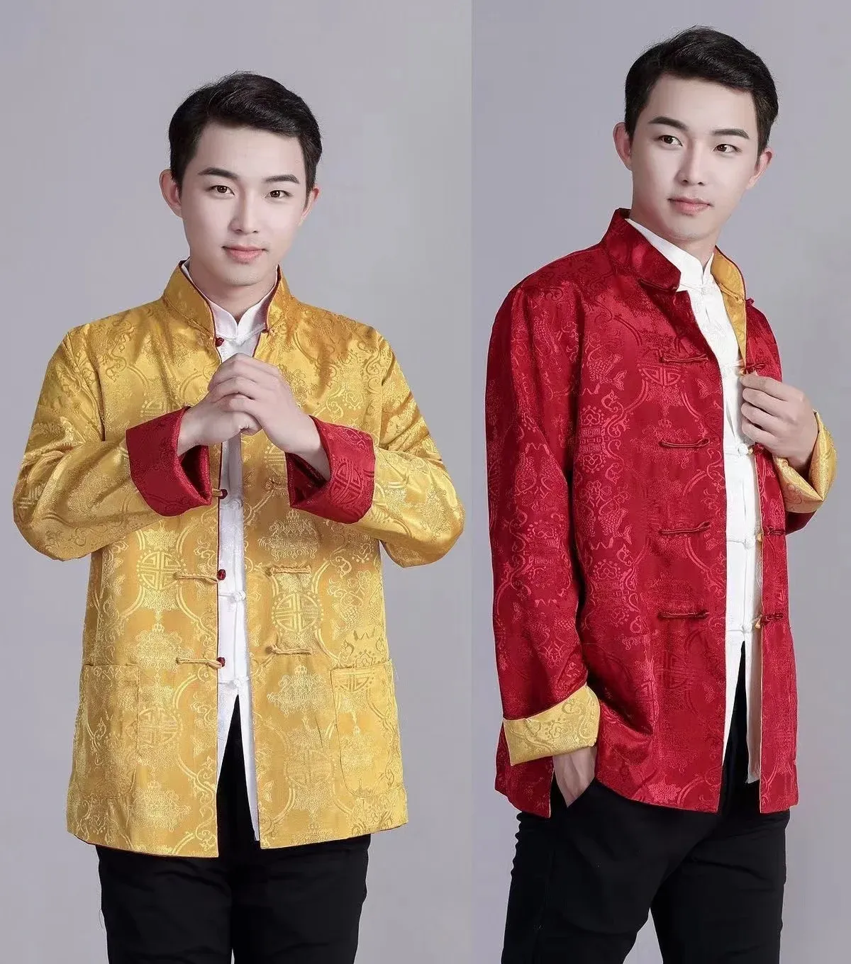 Man wearing black Tang suit jacket demonstrating proper fit and traditional Oriental styling.