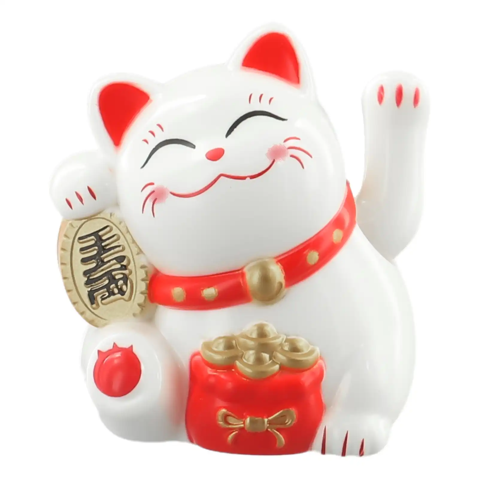 White lucky cat ornament demonstrating smooth waving motion mechanism.