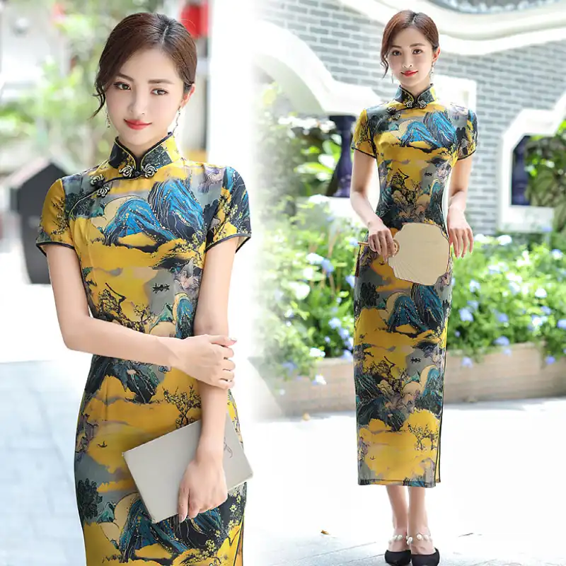 Close-up detail of silk-look satin fabric texture on vintage long qipao dress.