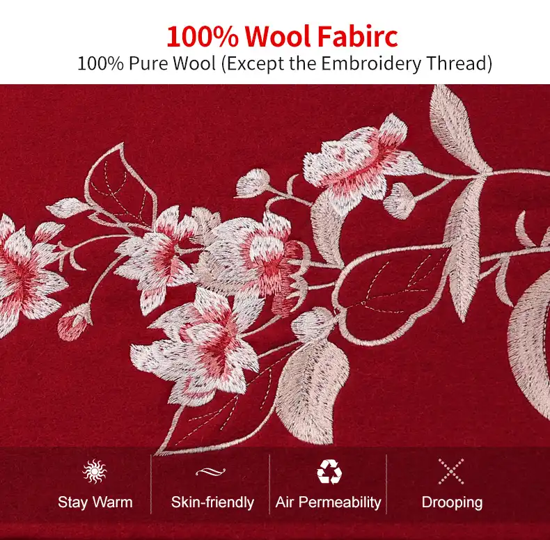 Large wool shawl 200x70cm displaying intricate Chinese Suzhou embroidery and soft texture.