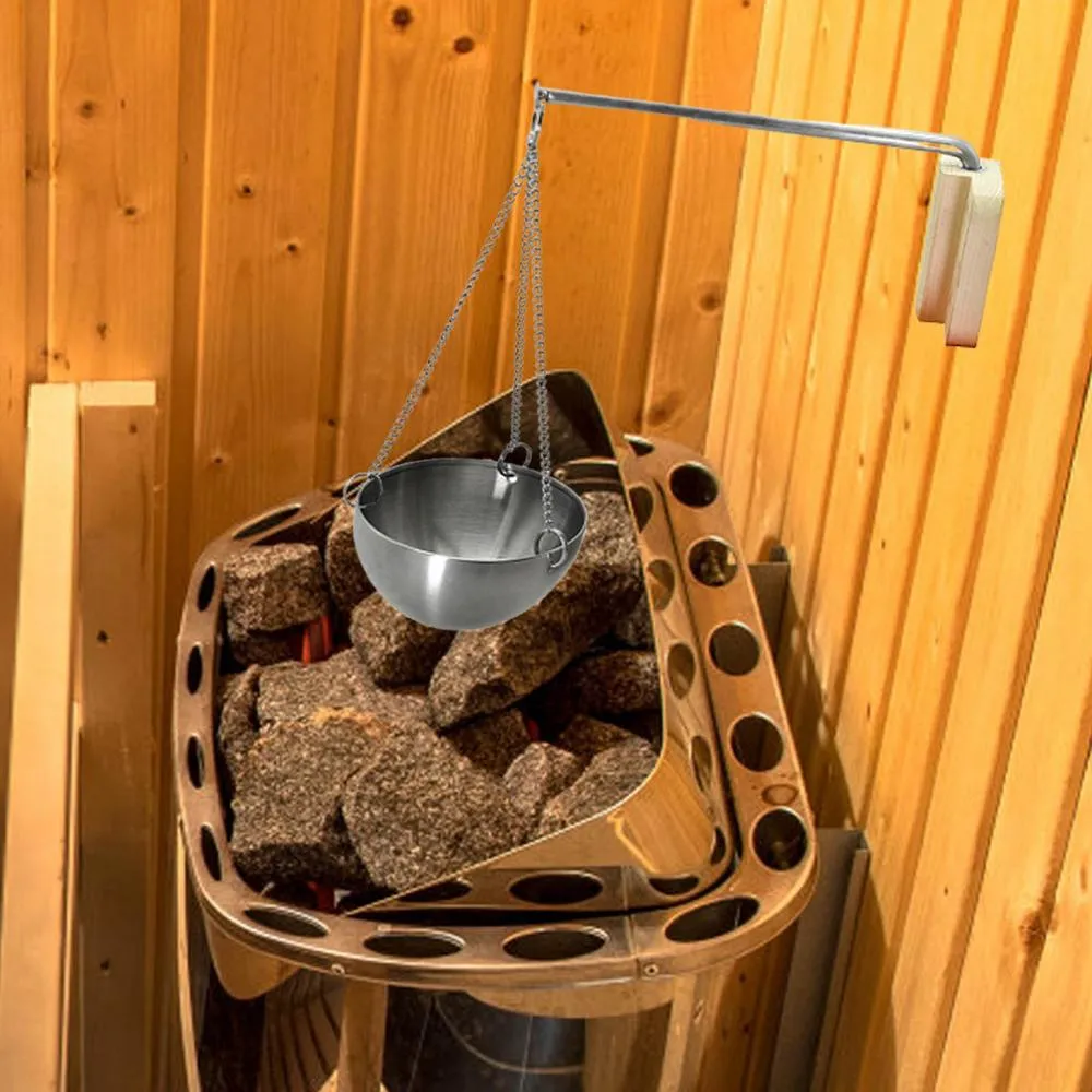 Complete sauna essential oil diffuser kit showing bowl, chain, aluminum rod and wooden bracket.