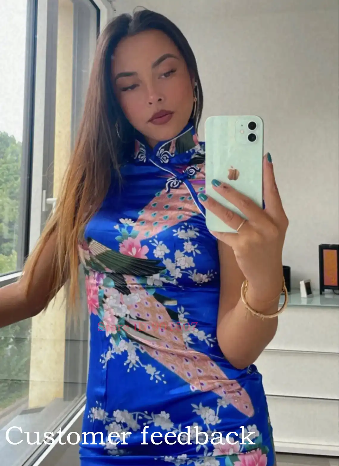 Purple satin cheongsam dress color accuracy and fabric sheen under different lighting.