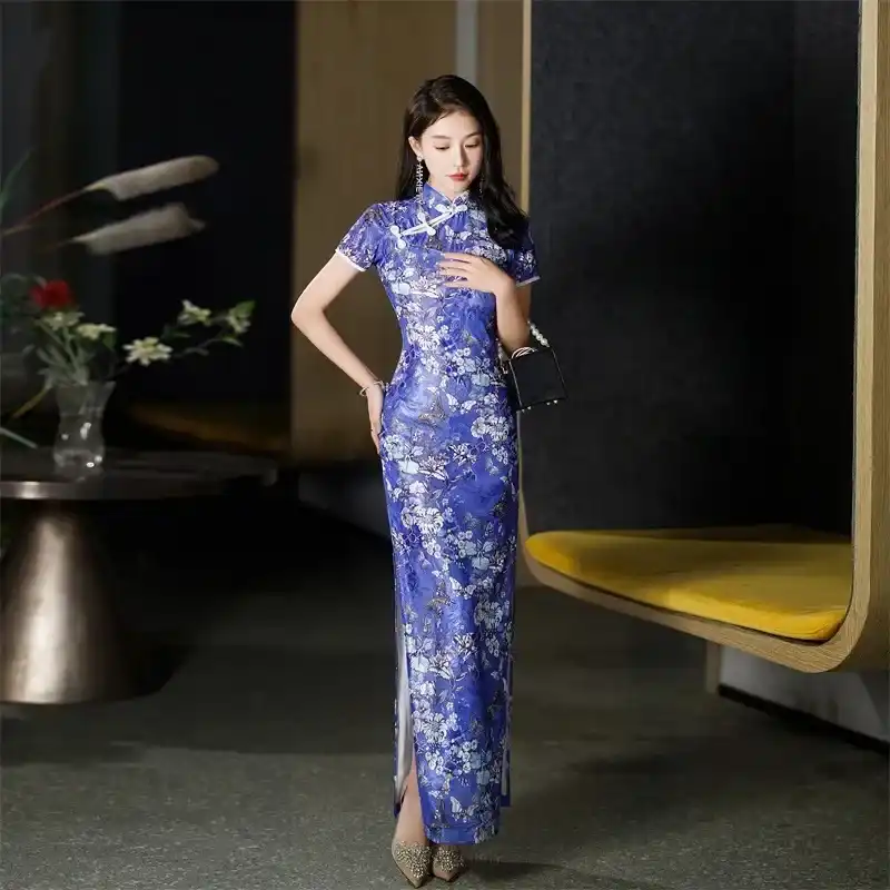 Close-up detail of Y2K cheongsam fabric showing premium polyester broadcloth material and texture.