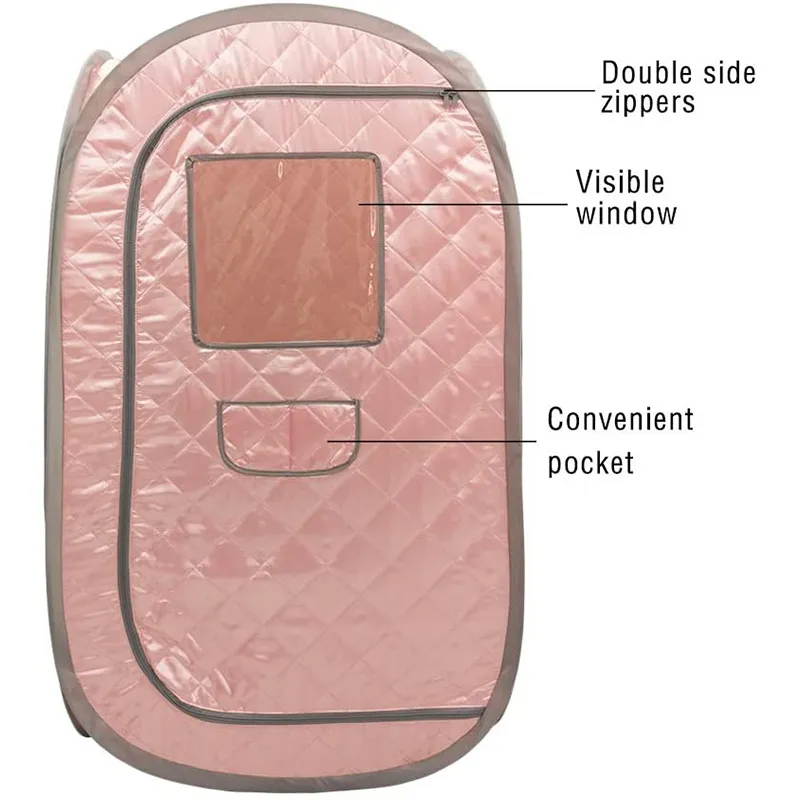 Person relaxing inside portable steam sauna tent during therapeutic detox session.
