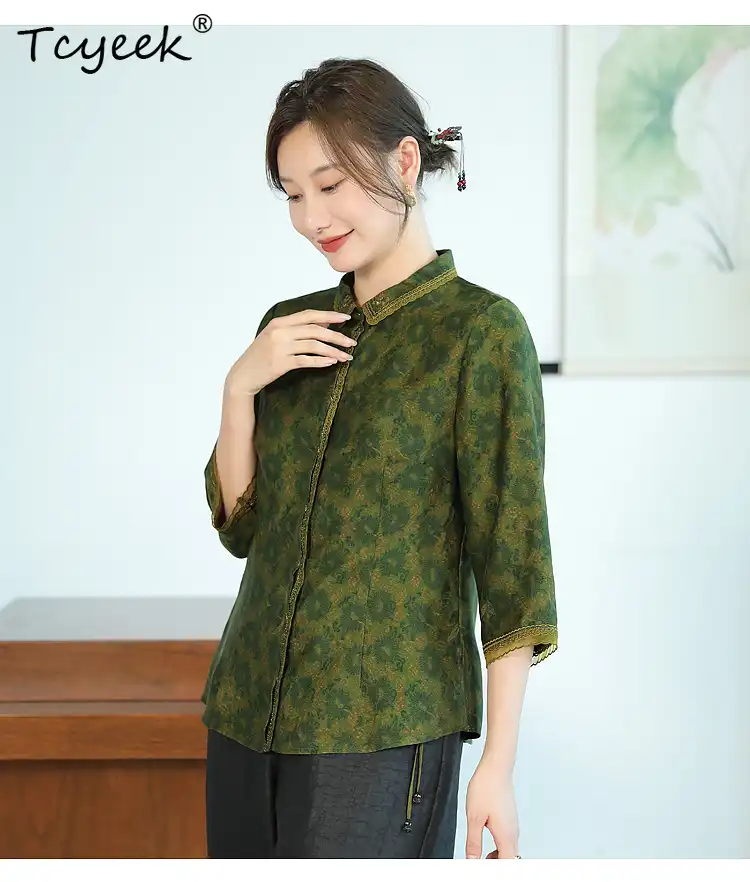 Flat lay of Gambiered silk blouse displaying full garment design and embroidery pattern.