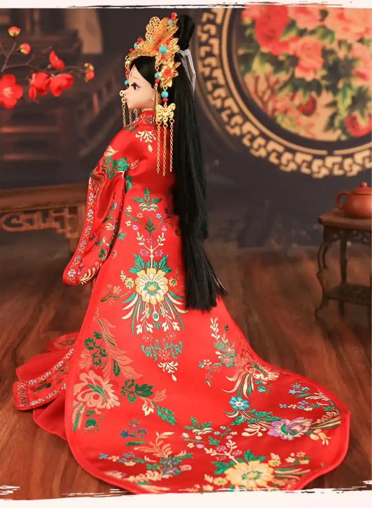 Close up of doll face showing traditional Chinese princess makeup and styling features.