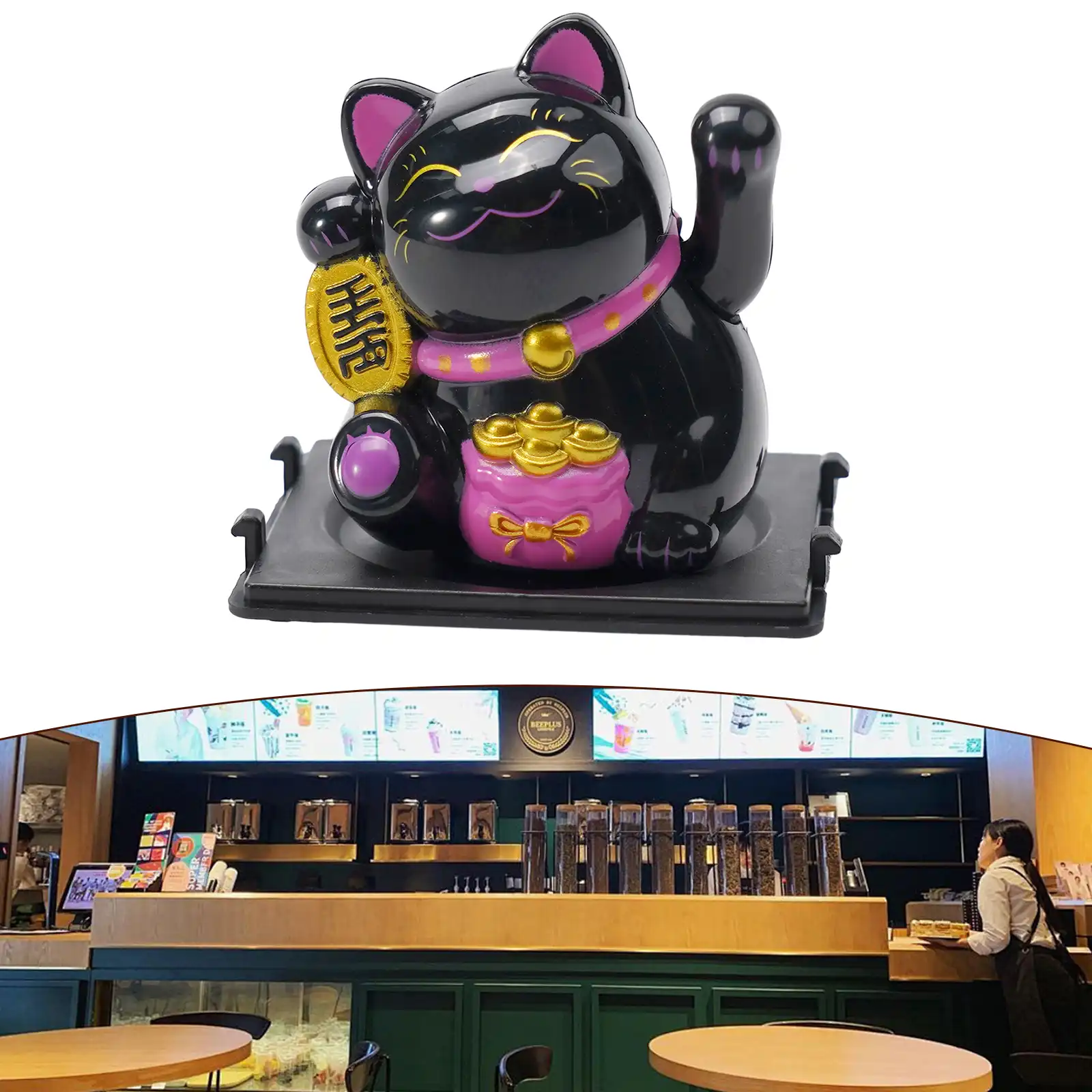 Cute smiling face of lucky cat dashboard ornament bringing joy to drivers.