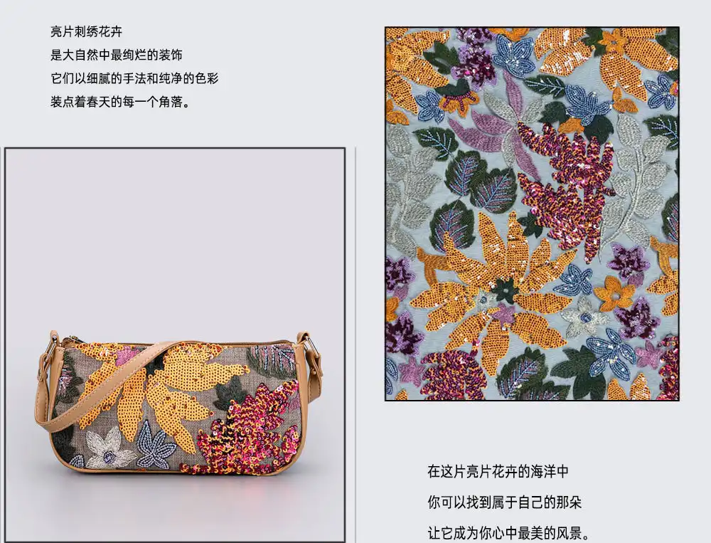 Close-up detail of random flower embroidery work and sequined decoration craftsmanship.
