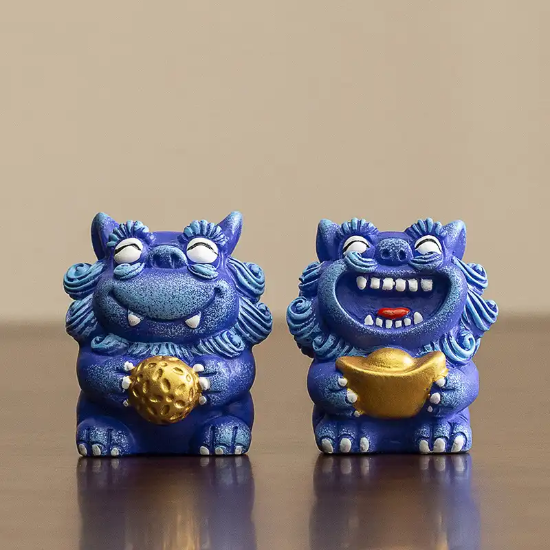 Close-up detail carved foo dog statue geometric lines gilded accents traditional craftsmanship.