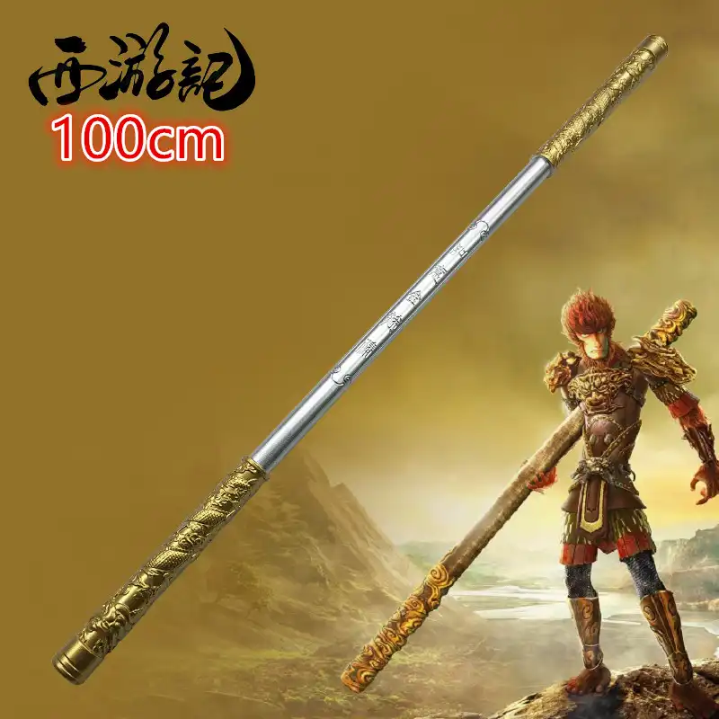 Sun Wukong Golden Cudgel 100cm PU foam cosplay prop full length view showing golden details.