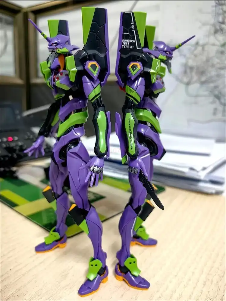 Anime Eva-01 action figure kit, unassembled parts on white background..