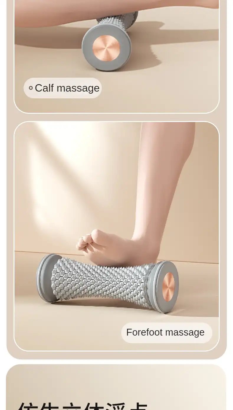 Colorful manual foot massager roller in gray, green, purple and pink colors on white background.