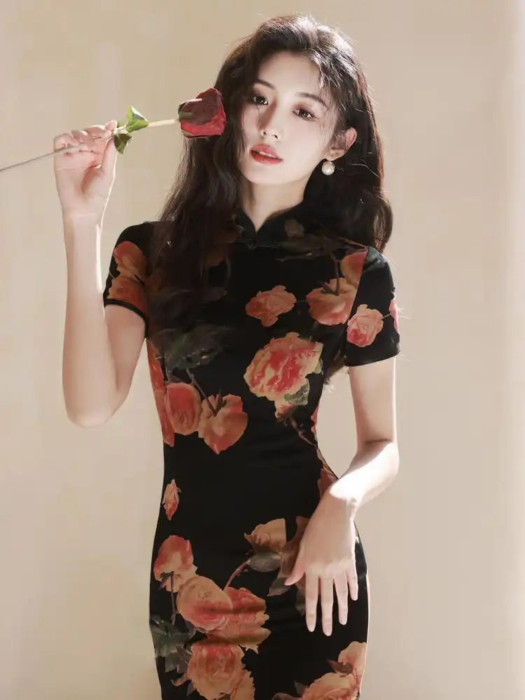 Traditional cheongsam dress fabric texture detail showcasing premium polyester twill quality.