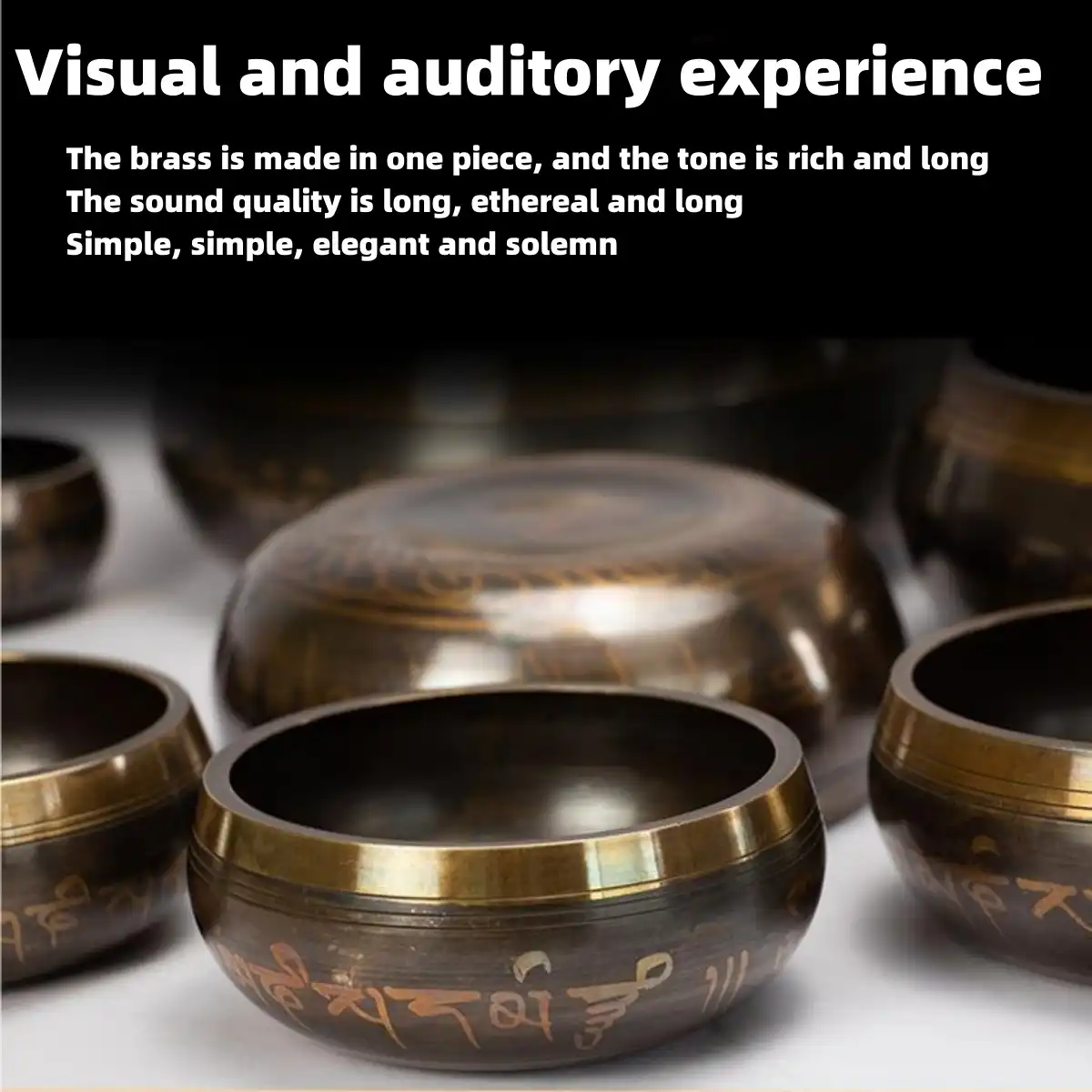 Multiple size options of Tibetan singing bowls arranged from smallest to largest diameter.