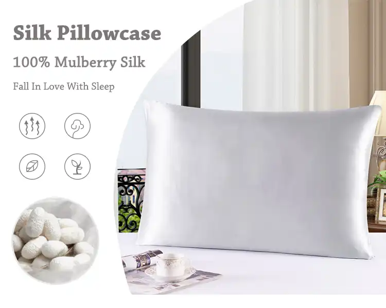 Premium mulberry silk pillowcase with zipper closure on luxury bedding setup.