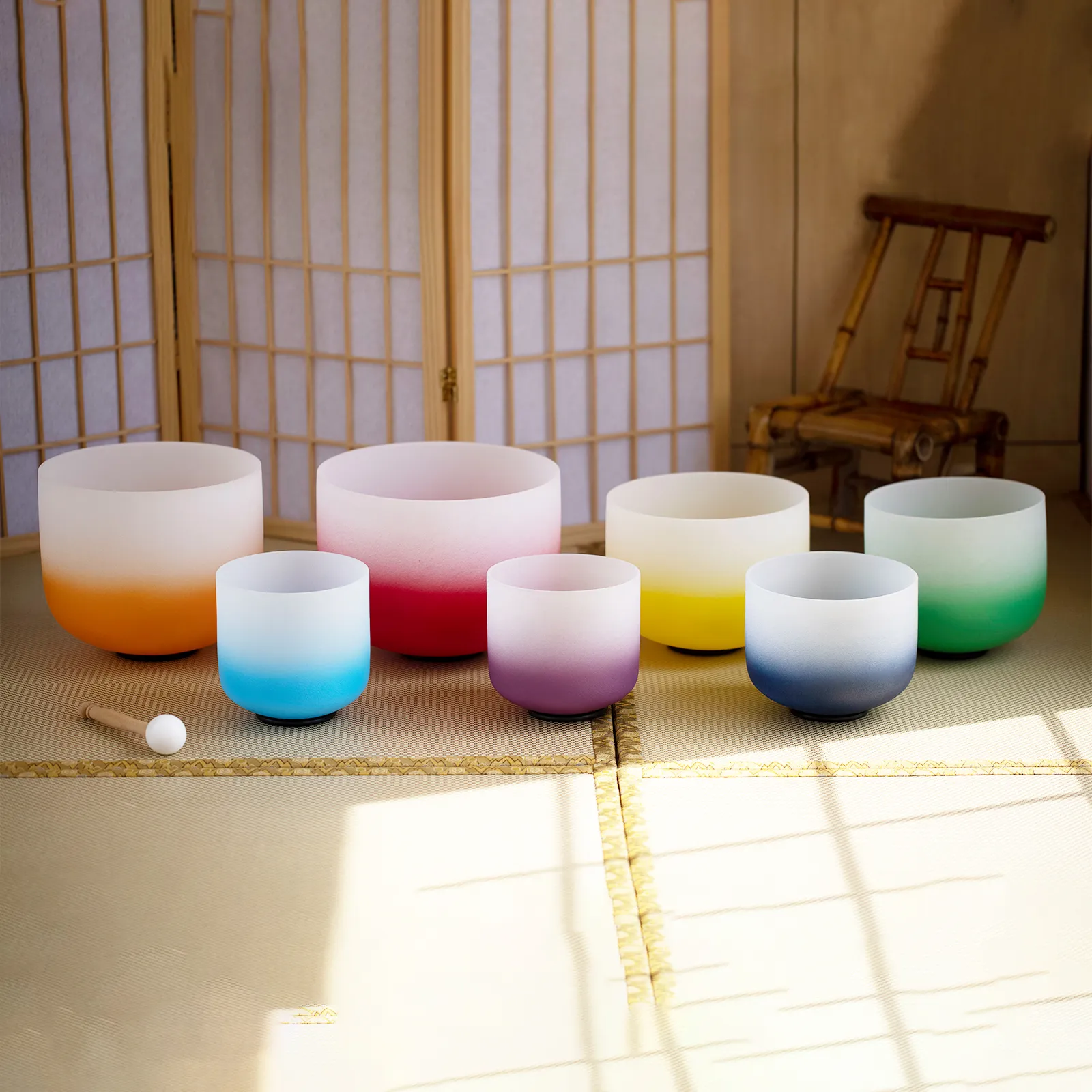 Beautiful gradient color transition on half-colored frosted crystal singing bowl.