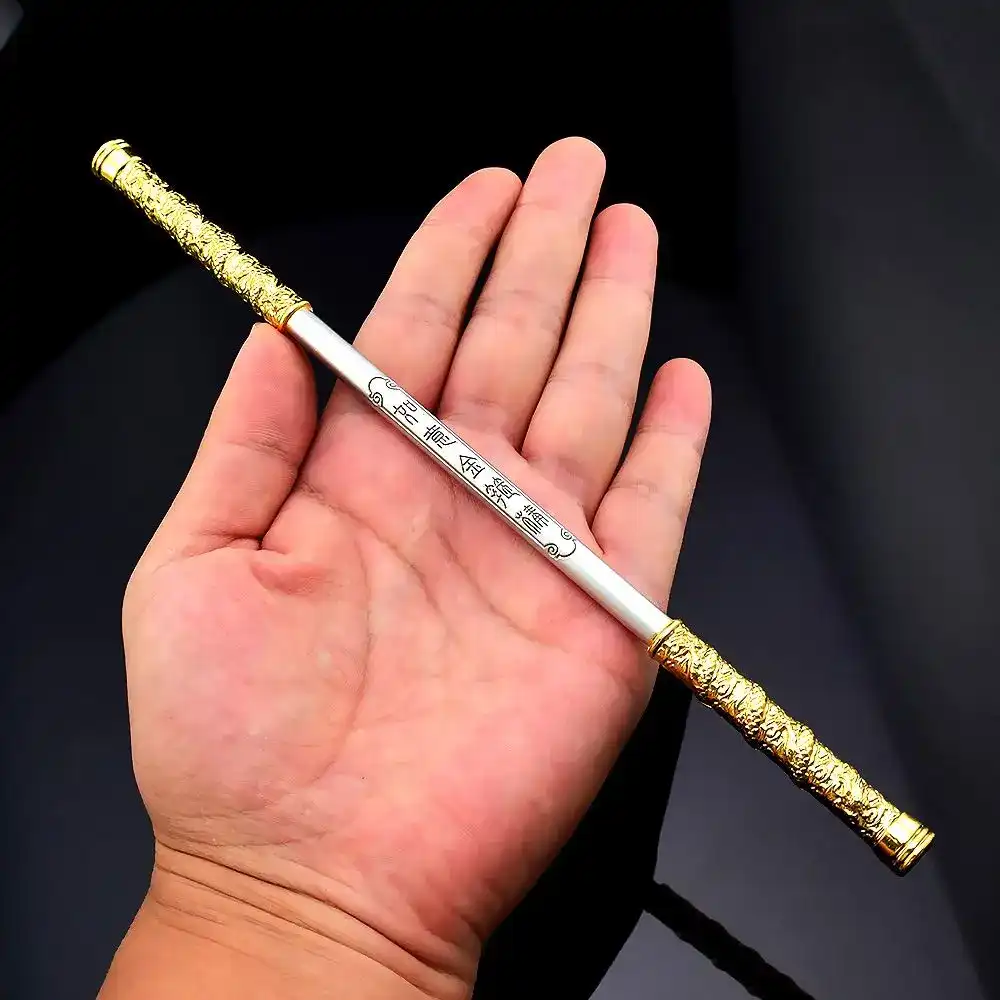 Sun Wukong golden cudgel figurine shown at multiple angles highlighting premium alloy construction.