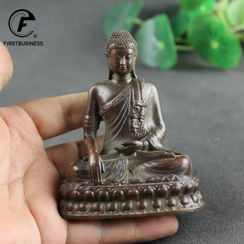 Handmade brass Shakyamuni Buddha statue incense burner front view meditation pose home decor.