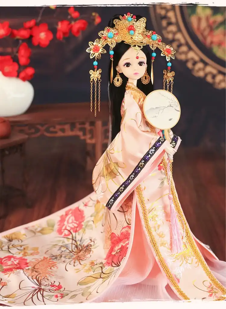 Full body view of princess doll wearing complete hanfu ancient costume with accessories.