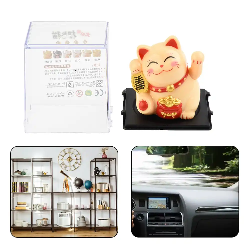 Maneki neko symbolism explained through solar powered car ornament design.
