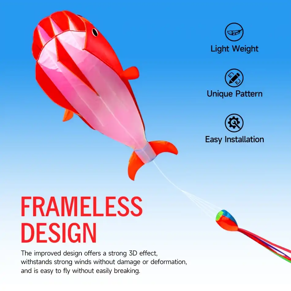 Family enjoying outdoor whale kite flying activity at seaside location during daytime.