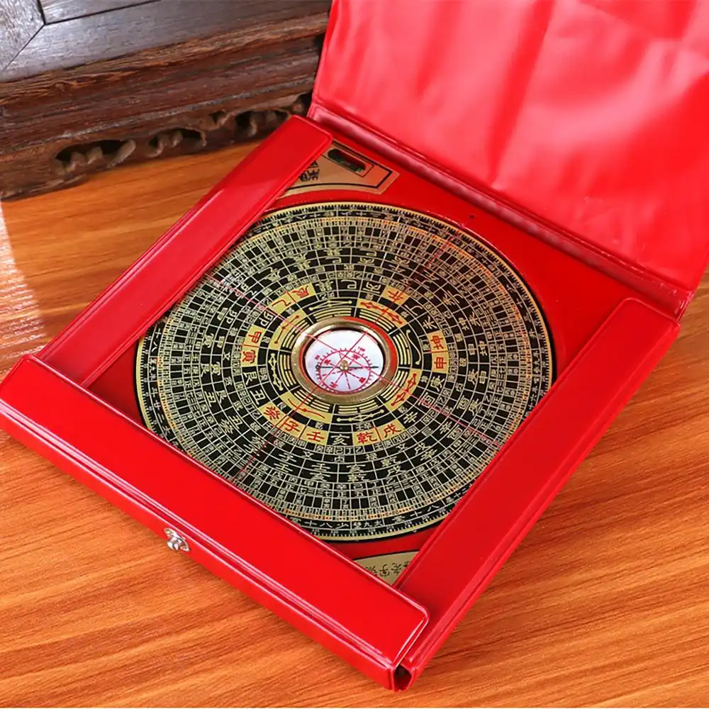 Top-down view of complete compass showing five elements rotating design and zodiac symbols.