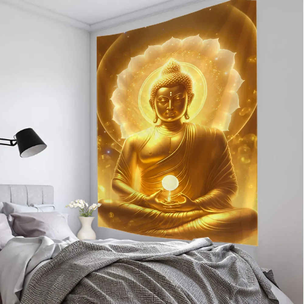 Buddha tapestry used as yoga mat meditation blanket versatile home decor polyester fabric.