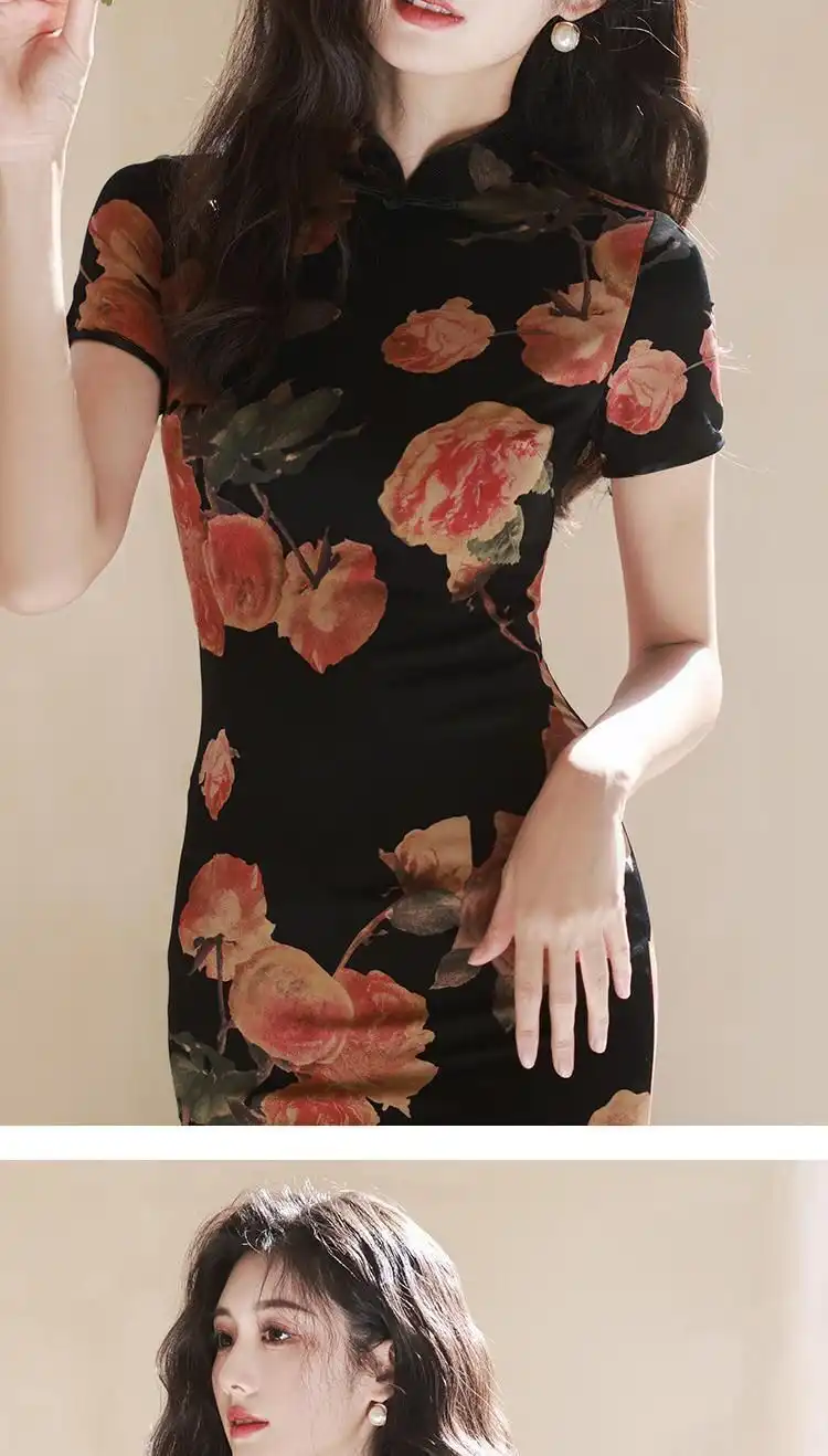 Chinese cheongsam side profile emphasizing high slit feature and elegant dress proportions.
