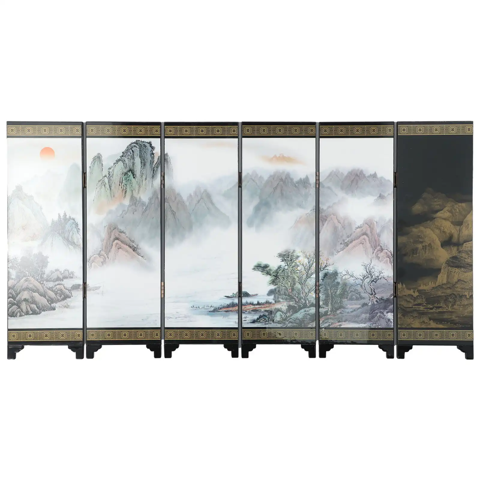 Six-panel Chinese wooden screen displaying detailed scenic patterns in natural wood finish.