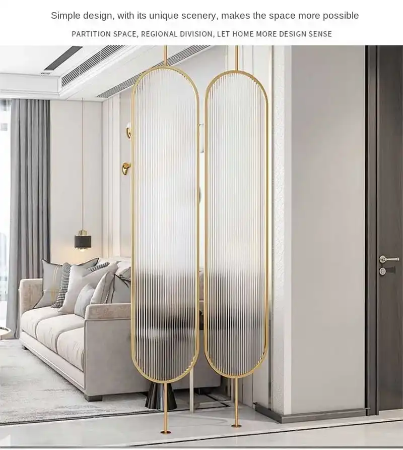 Rotatable glass divider demonstrating flexible positioning options for dynamic room layout.