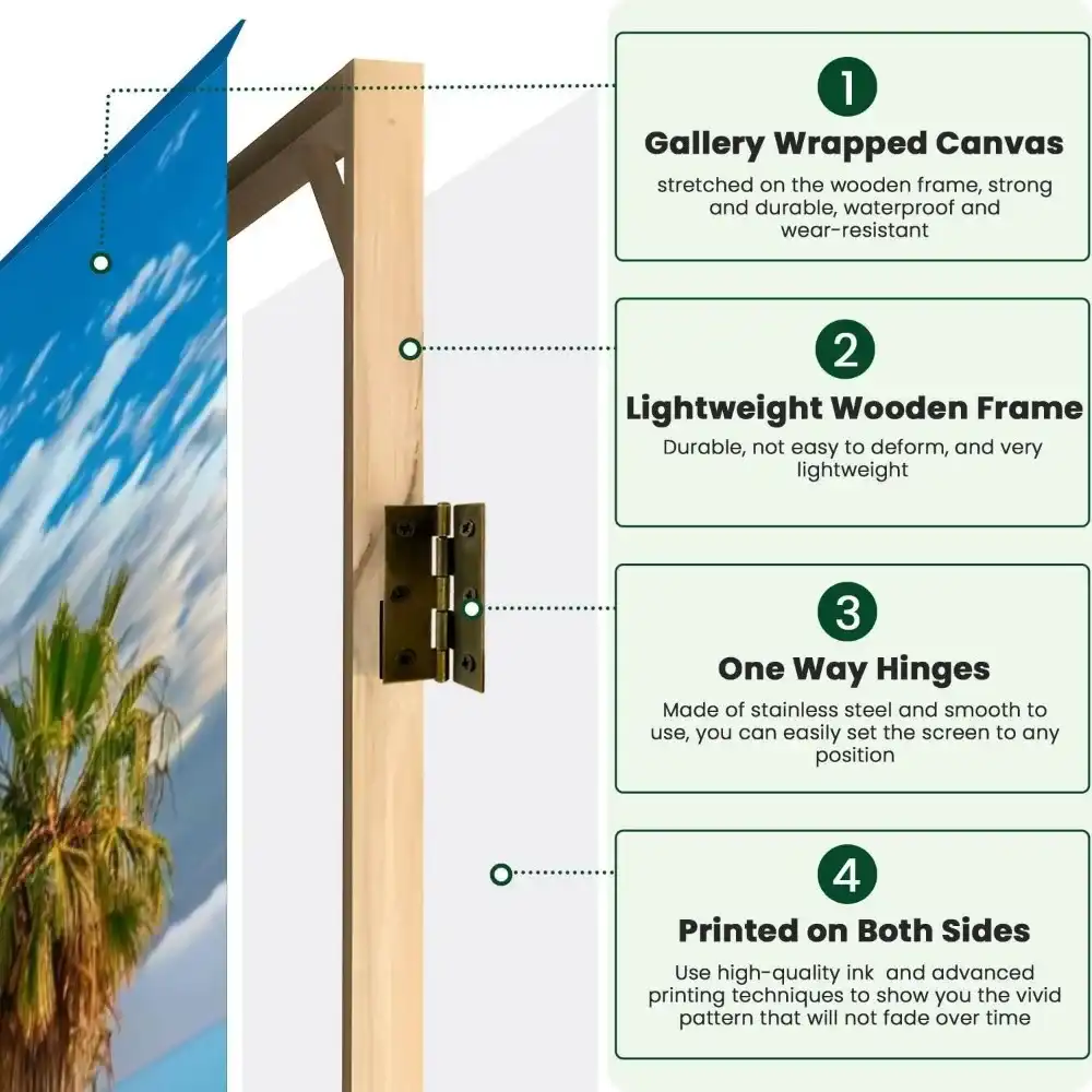 Foldable room divider with double-sided Pacific Ocean print showing privacy screen functionality.