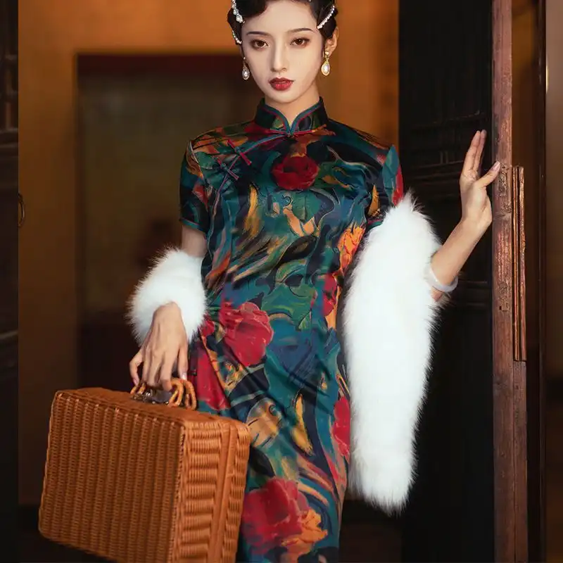 Close-up detail of high slit and twill fabric texture on Old Shanghai style cheongsam dress.