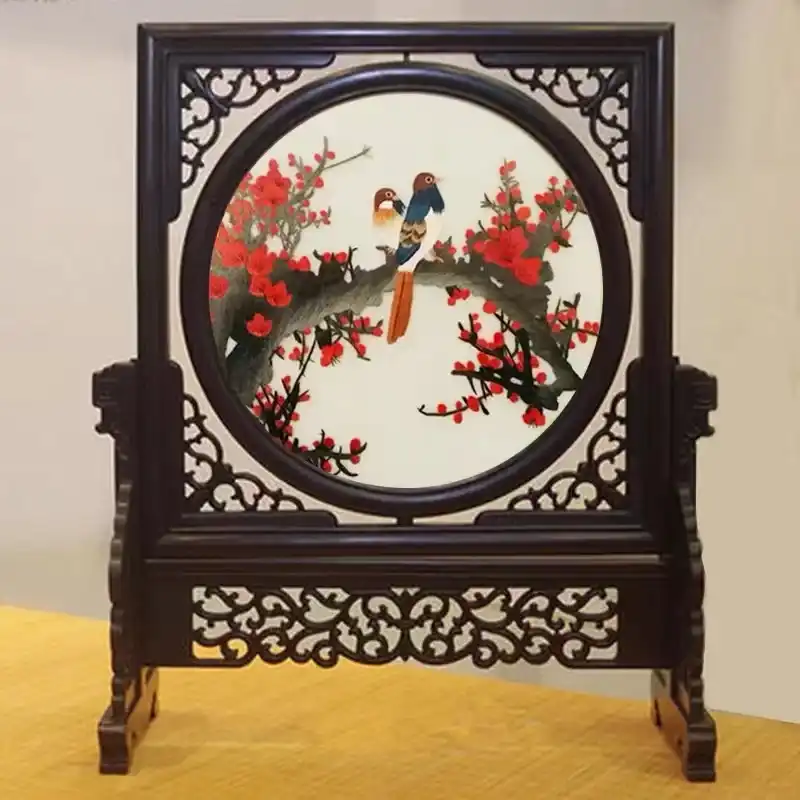 Double-sided Suzhou embroidery framed painting featuring pair of birds with floral pattern.
