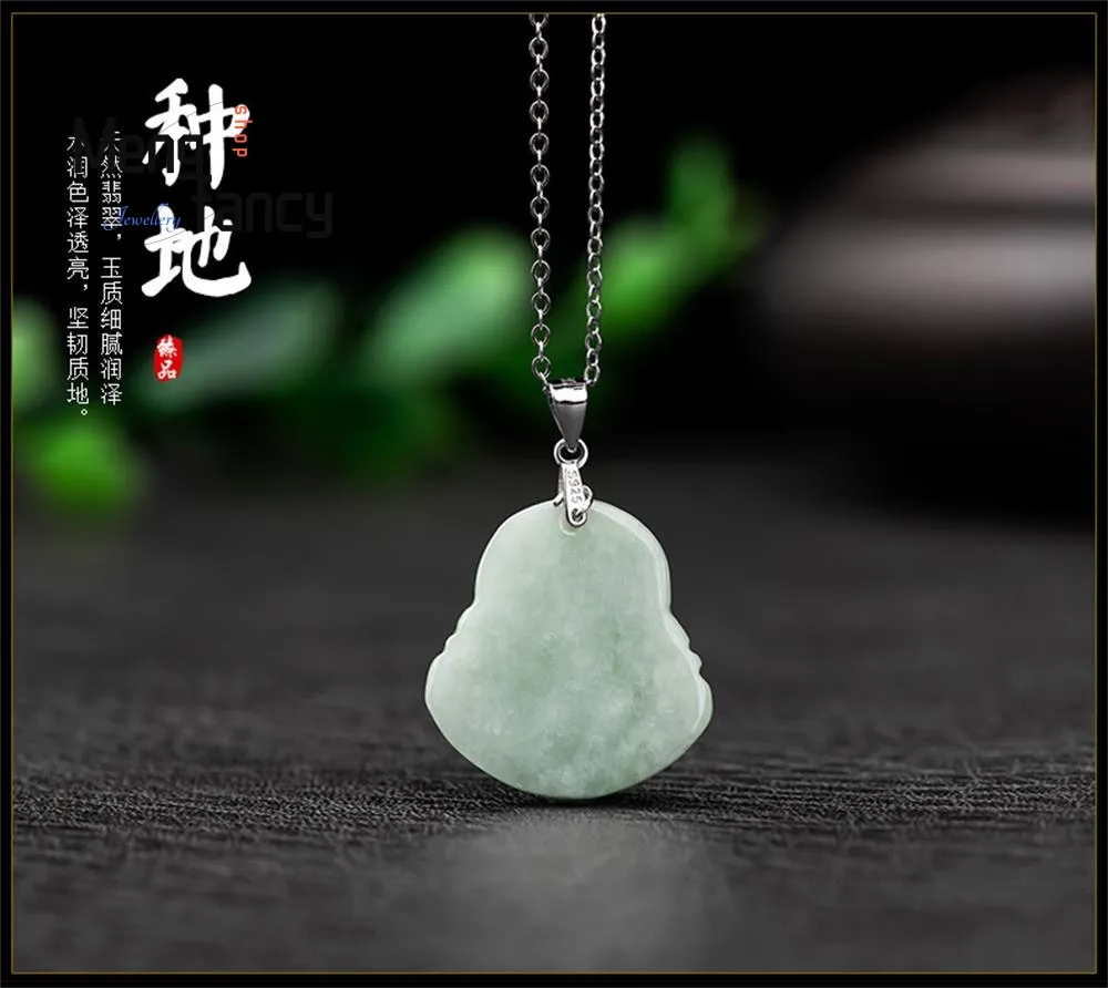 Sterling silver 925 setting detail of Maitreya Buddha jade pendant with metal stamp.