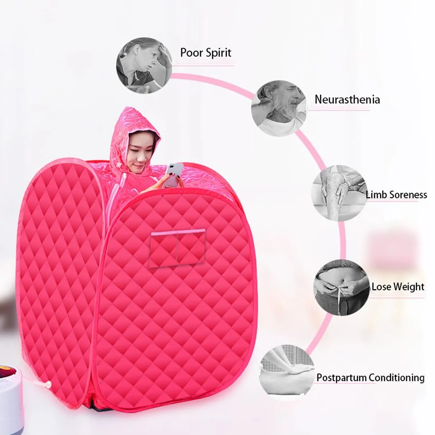 Portable sauna room folded for compact storage showing space-saving design benefits.