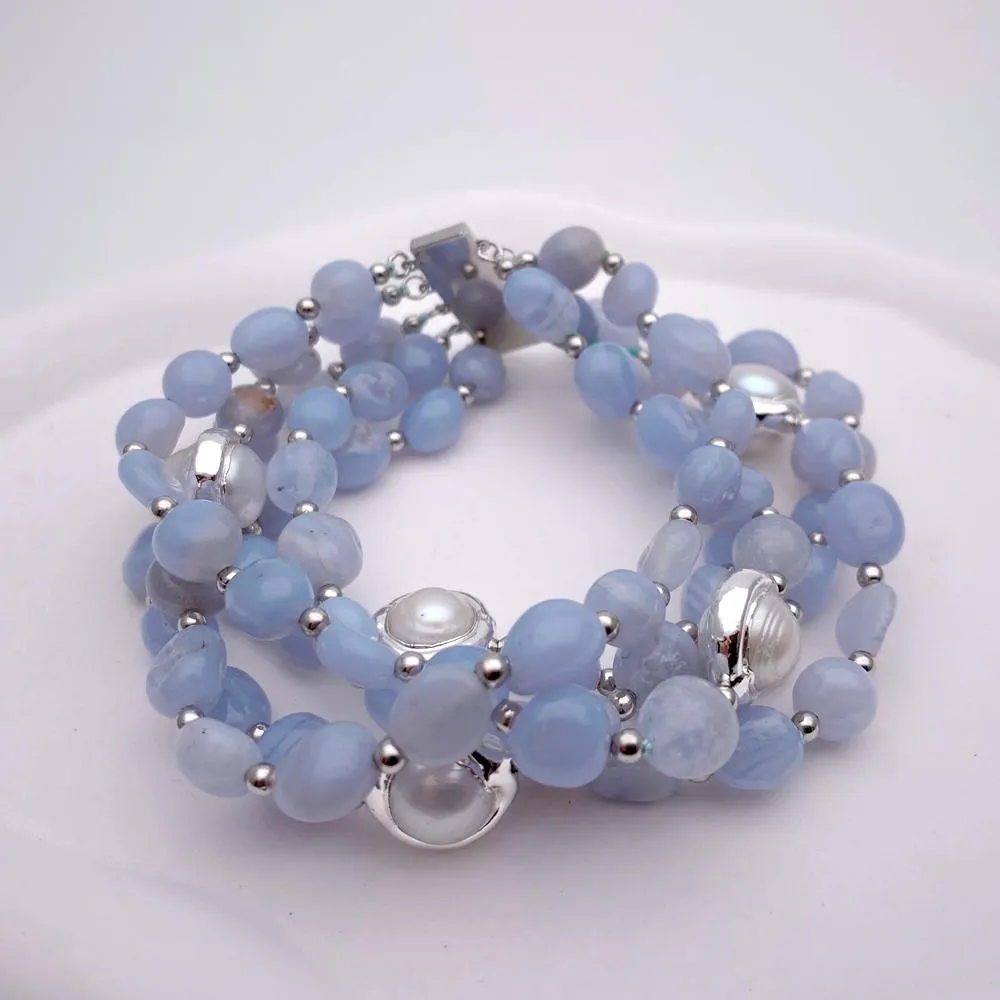 18K gold plated clasp detail on blue lace agate pearl bracelet showing secure closure.