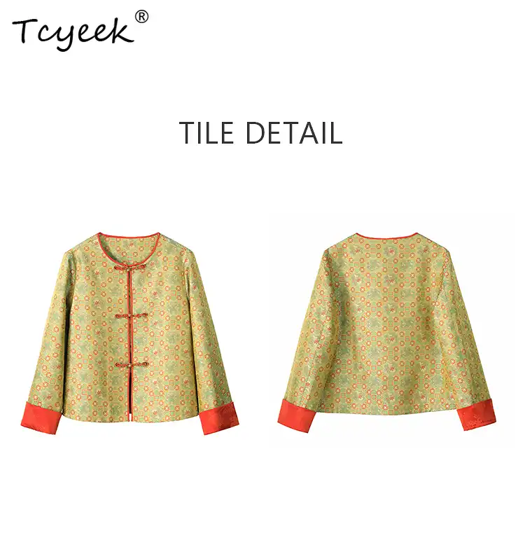 Lifestyle shot of woman in premium Xiangyunsha silk coat for elegant casual wear.