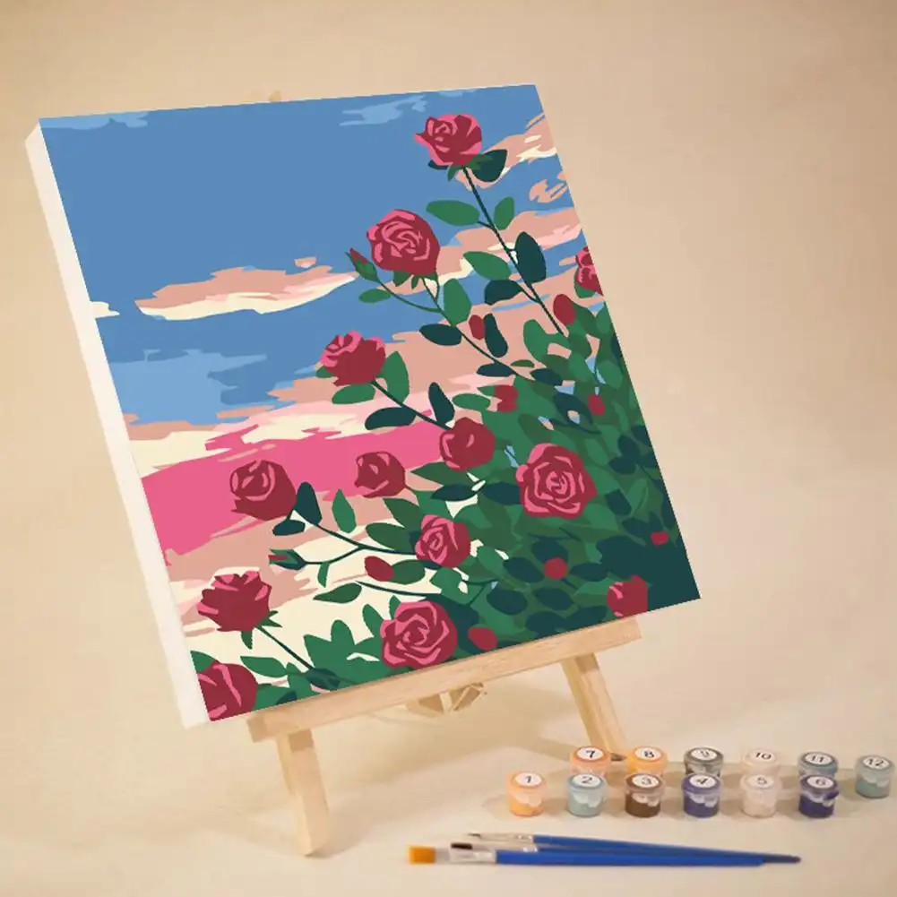 Abstract landscape background with sunset sky and pastoral elements.