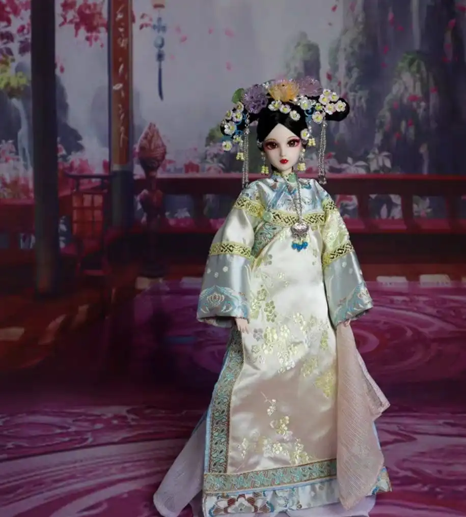 Fashion doll displaying Chinese costume accessories and decorative elements.