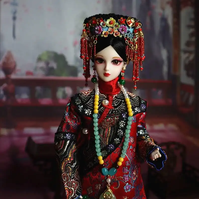 Full body view of BJD doll wearing complete Chinese costume with traditional patterns.