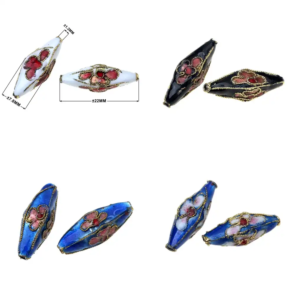 Comparison of different cloisonne bead shapes including wheel, cylinder, and diamond forms.