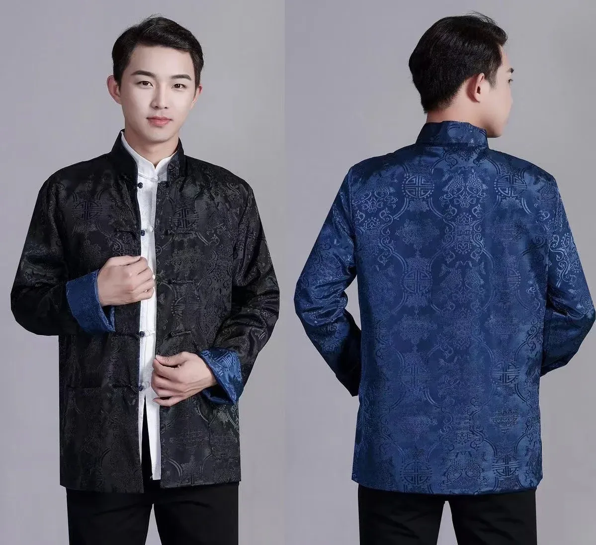 Full outfit styling with Tang suit jacket paired with matching pants for complete traditional look.