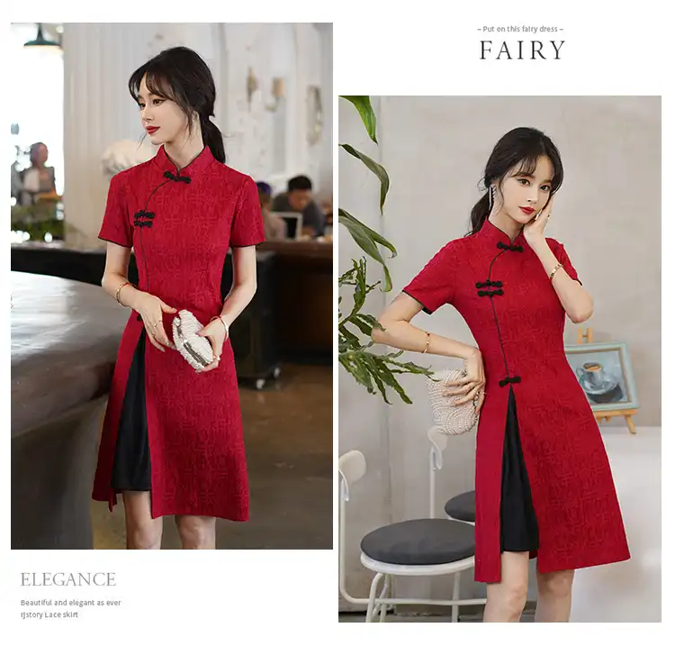 Front view of vintage cheongsam displaying classic stand collar and broadcloth construction.
