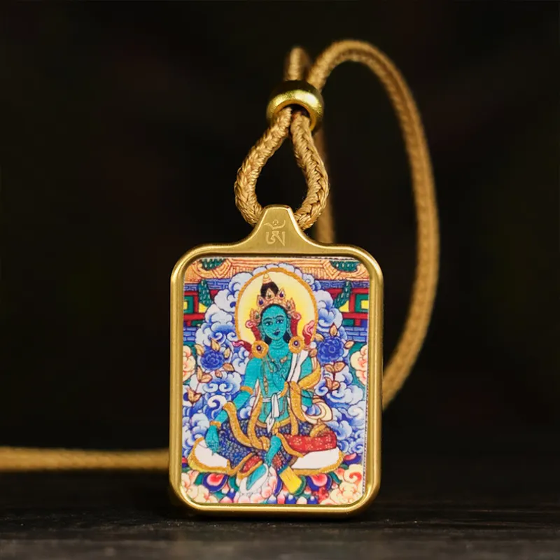 Vintage Tibetan Thangka prayer pendant necklace with gold finish copper construction.