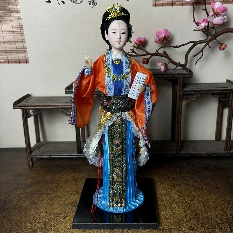 Close-up of porcelain doll facial features and traditional Peking opera makeup design.