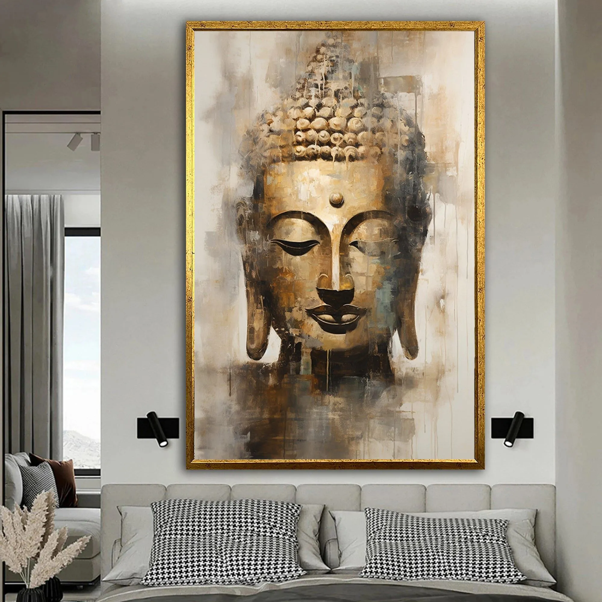 Close up detail Buddha canvas painting texture high quality spray paint technique vibrant colors.