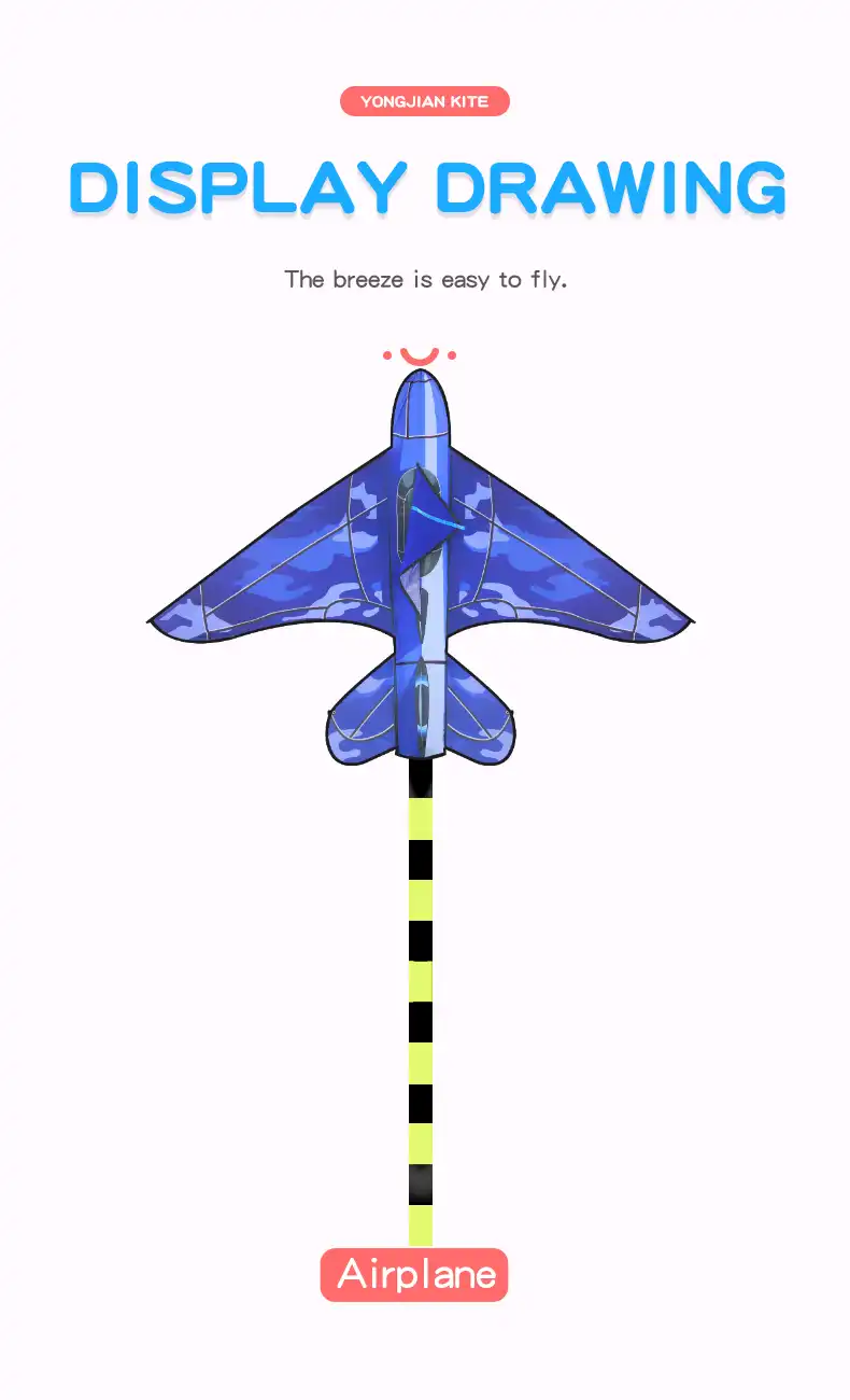 Blue camo aircraft kite performing stable flight with extended 280cm tail streaming behind.