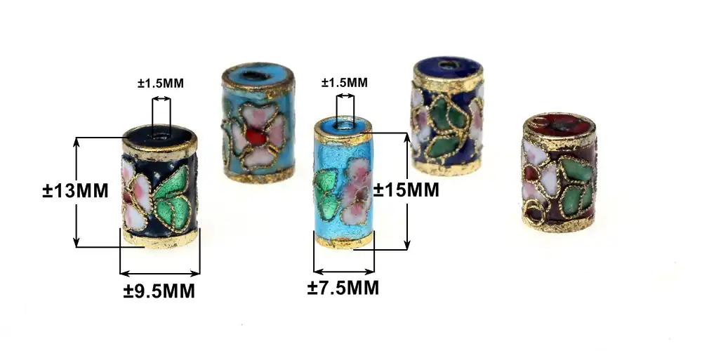 Vintage-style cloisonne beads arranged to show color variety and traditional pattern designs.
